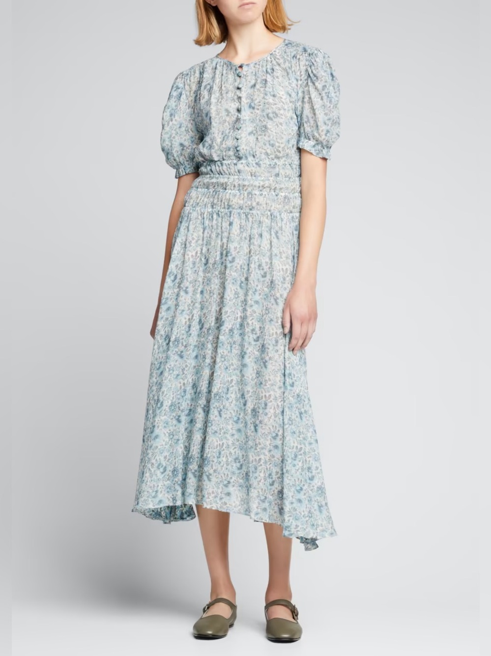 LoveShackFancy Areli Dress M Ocean Breeze Blue Floral Puff Sleeve Midi